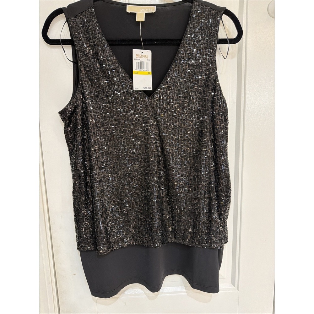 Michael Kors sleeveless sequin‎ Stretch blouse/top (NWT), black/charcoal M 5226